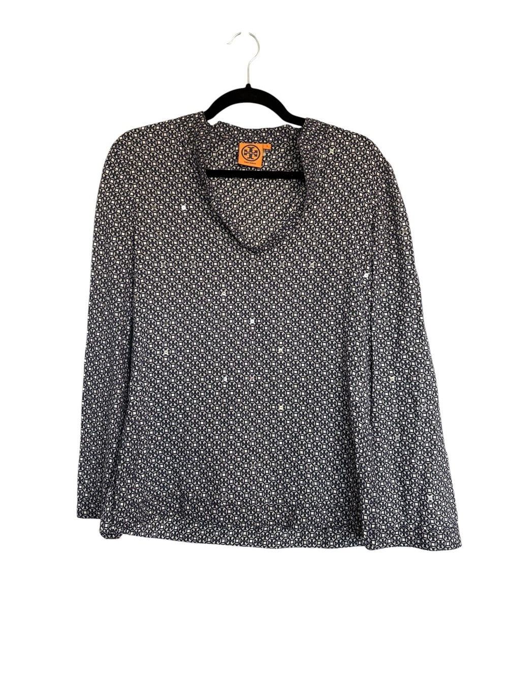 Tory Burch Printed Cotton Tunic Blouse Size 4 Blue White Logo Print Top - Picture 3 of 7